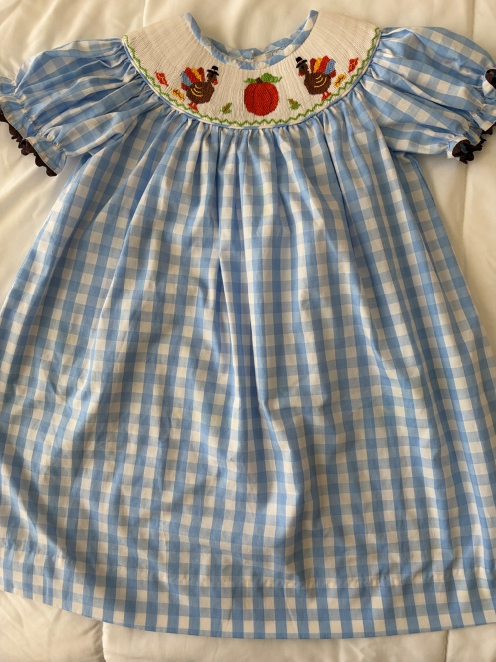 Children's Light Blue Gingham Smocked Dress with Autumn Embroidery